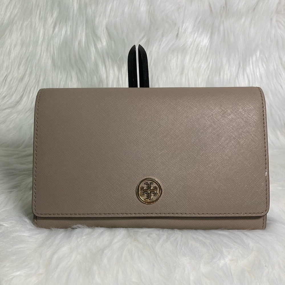 Tory Burch Taupe Leather Wallet with Gold Logo